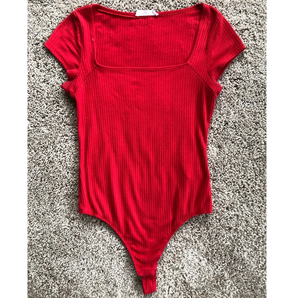 Square neckline red bodysuit